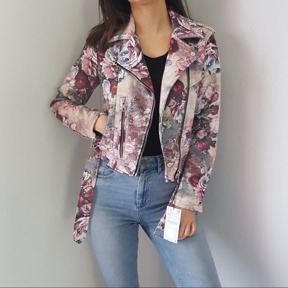 Zara nwot floral printed faux suede jacket
